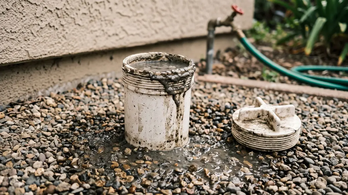 Open sewer cleanout pipe in a Phoenix yard with wastewater at the rim, a sign of a main line blockage