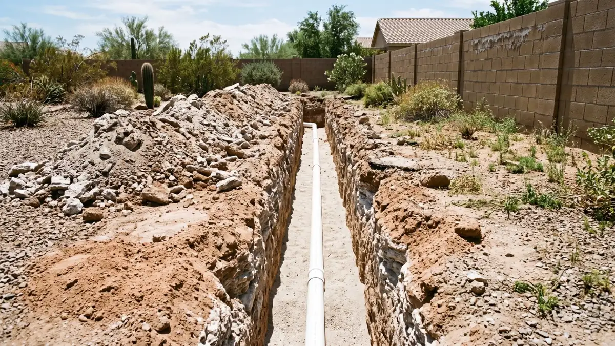 Open trench in an Arizona backyard showing pale caliche soil layers and a new white PVC sewer pipe