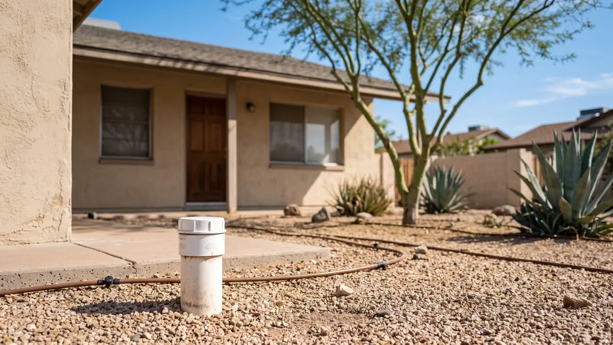 Sewer cleanout cap in the front yard of a single-story Phoenix home with desert landscaping